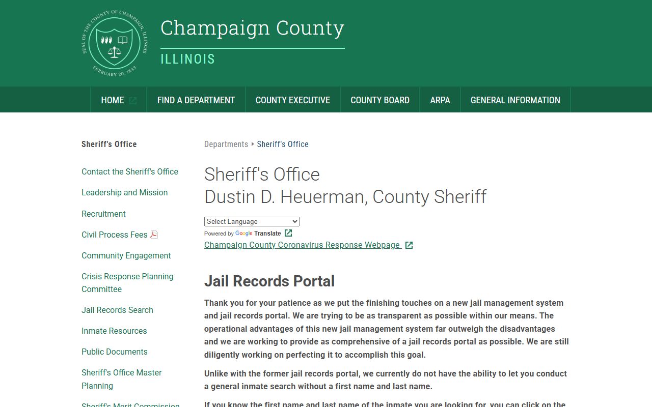 Champaign County inmate lookup page for jail roster searches