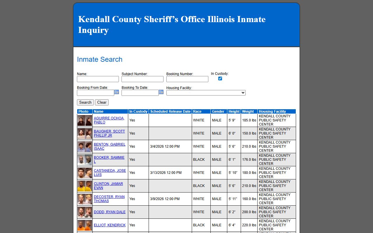 Kendall County inmate search page for jail roster lookups