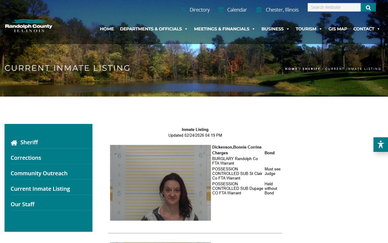 Randolph County current inmate listing page showing jail roster in Chester Illinois