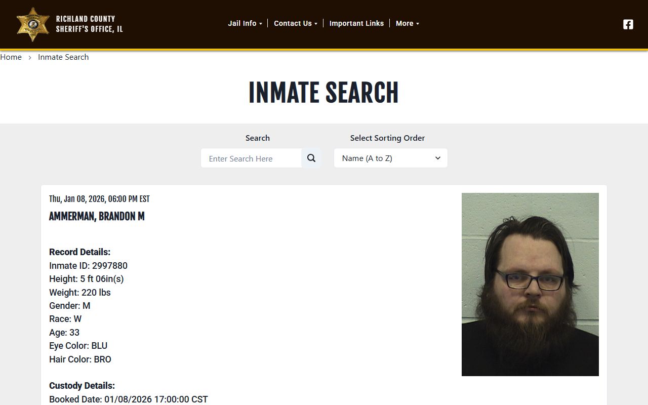 Richland County inmate search page showing jail roster results in Illinois