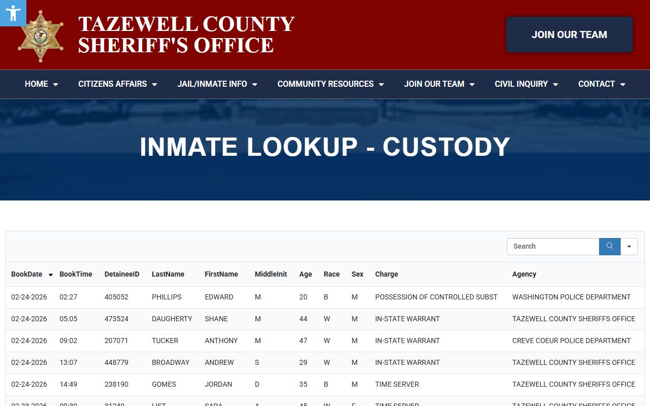 Tazewell County inmate lookup page for jail roster searches