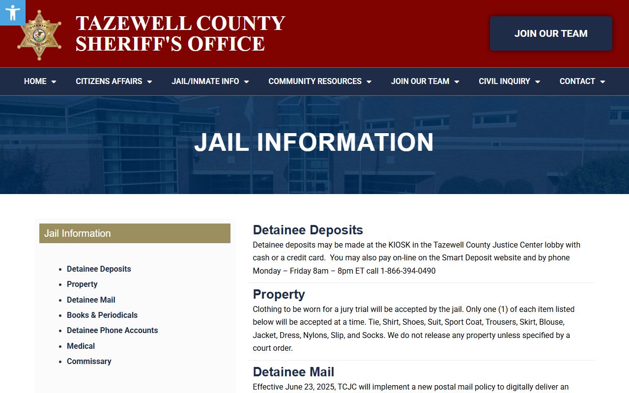 Tazewell County jail information page with inmate rules and deposit details