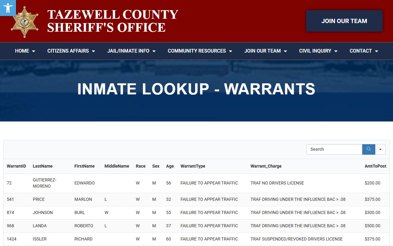Tazewell County Sheriff's Office website for jail roster and inmate searches