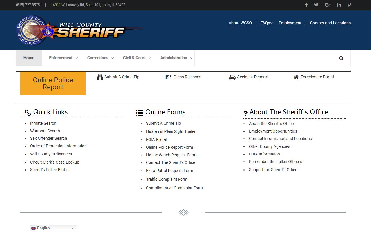 Will County Sheriff website for jail roster and inmate search