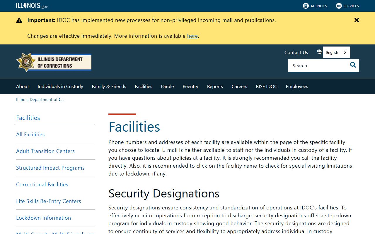 Illinois IDOC facilities directory for jail roster searches