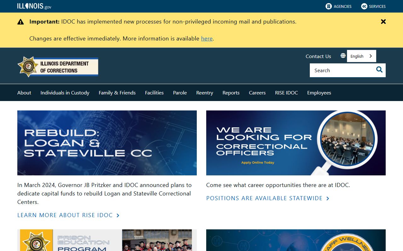 Illinois Department of Corrections website for jail roster and visitation info